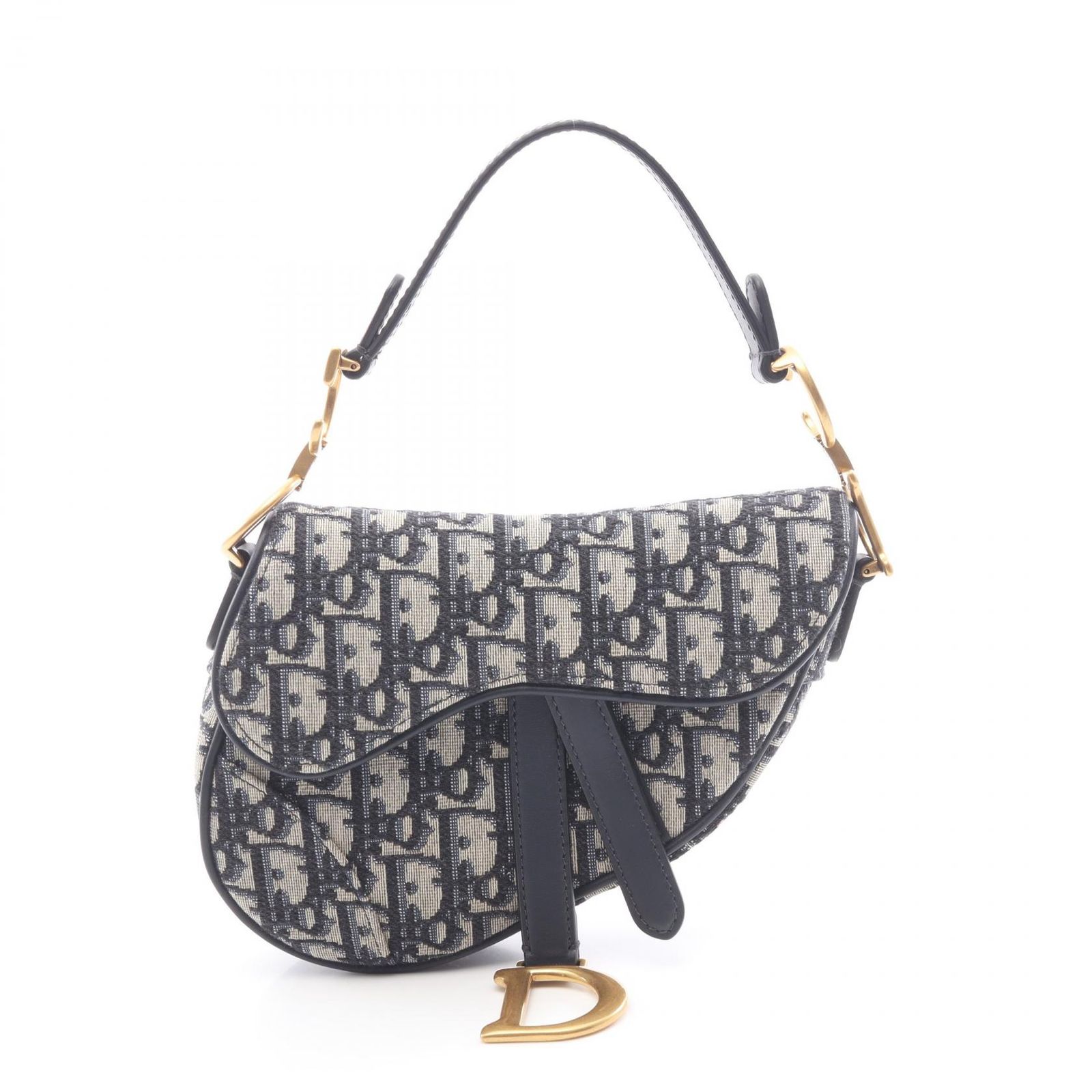 ディオール Dior ハンドバッグ サドルバッグ ミニ オブリークジャカード ネイビー キャンバス レザー オブリーク サドルバッグ ミニ レディース Used A