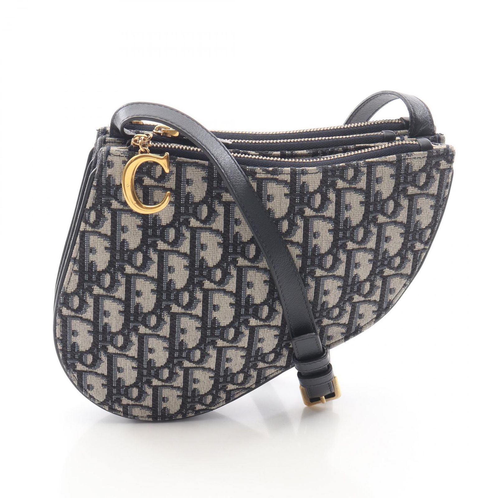 ディオール Dior ショルダーバッグ SADDLE サドル ポーチ オブリーク ネイビー キャンバス レザー オブリーク サドル ショルダーバッグ レディース Used A