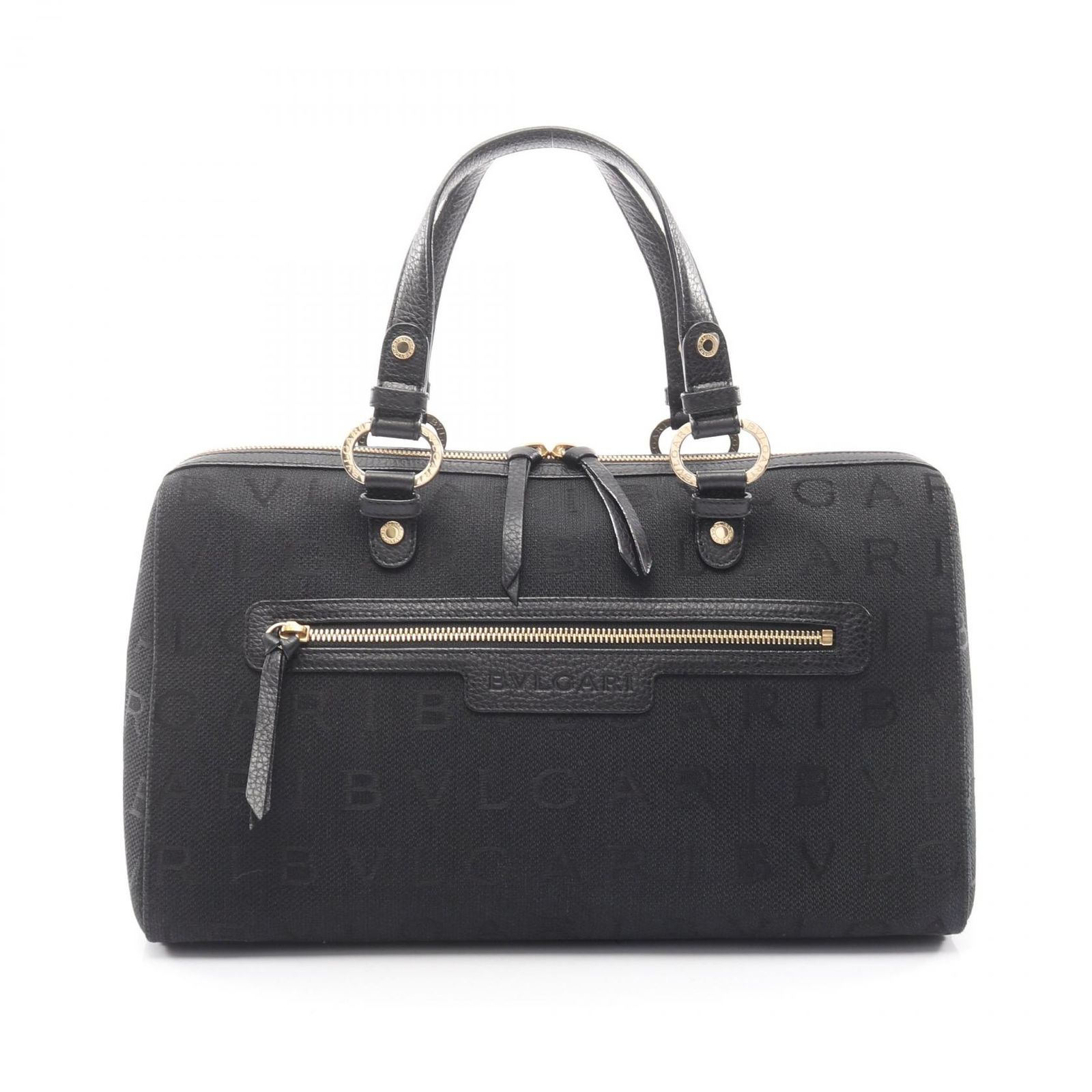 ブルガリ BVLGARI トートバッグ ロゴマニア ブラック キャンバス レザー ロゴマニア ボストンバッグ レディース Used A
