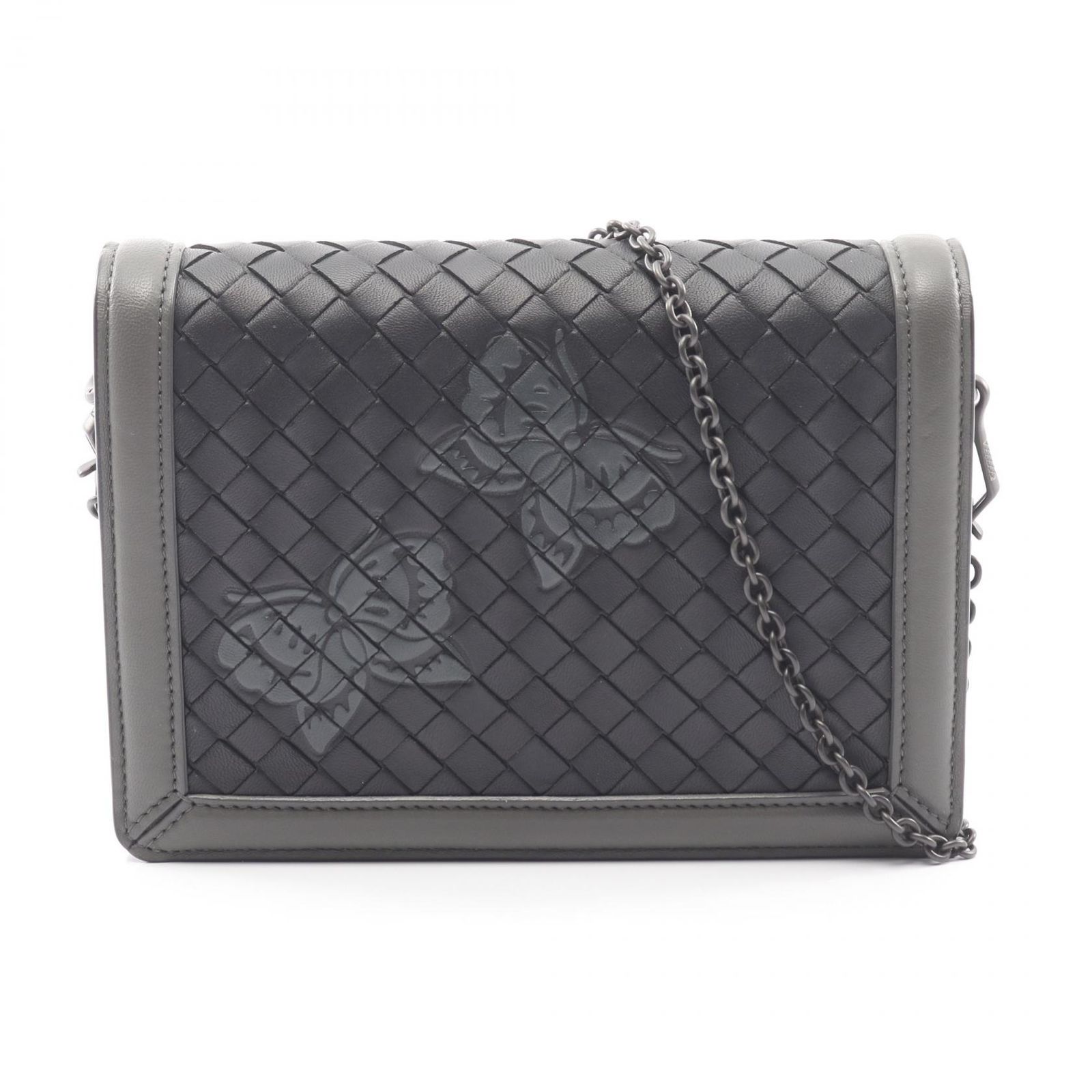 ボッテガヴェネタ BOTTEGA VENETA ショルダーバッグ イントレチャート パピヨン ブラック/グレー レザー イントレチャート チェーンショルダー レディース Used A