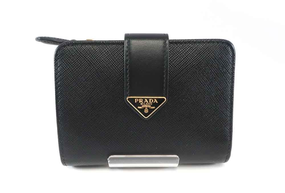 美品 プラダ PRADA 現行モデル ICチップ サフィアーノタブ 財布 レザー 二つ折り コンパクト ファスナー財布 ブラック 1ML018 /34327