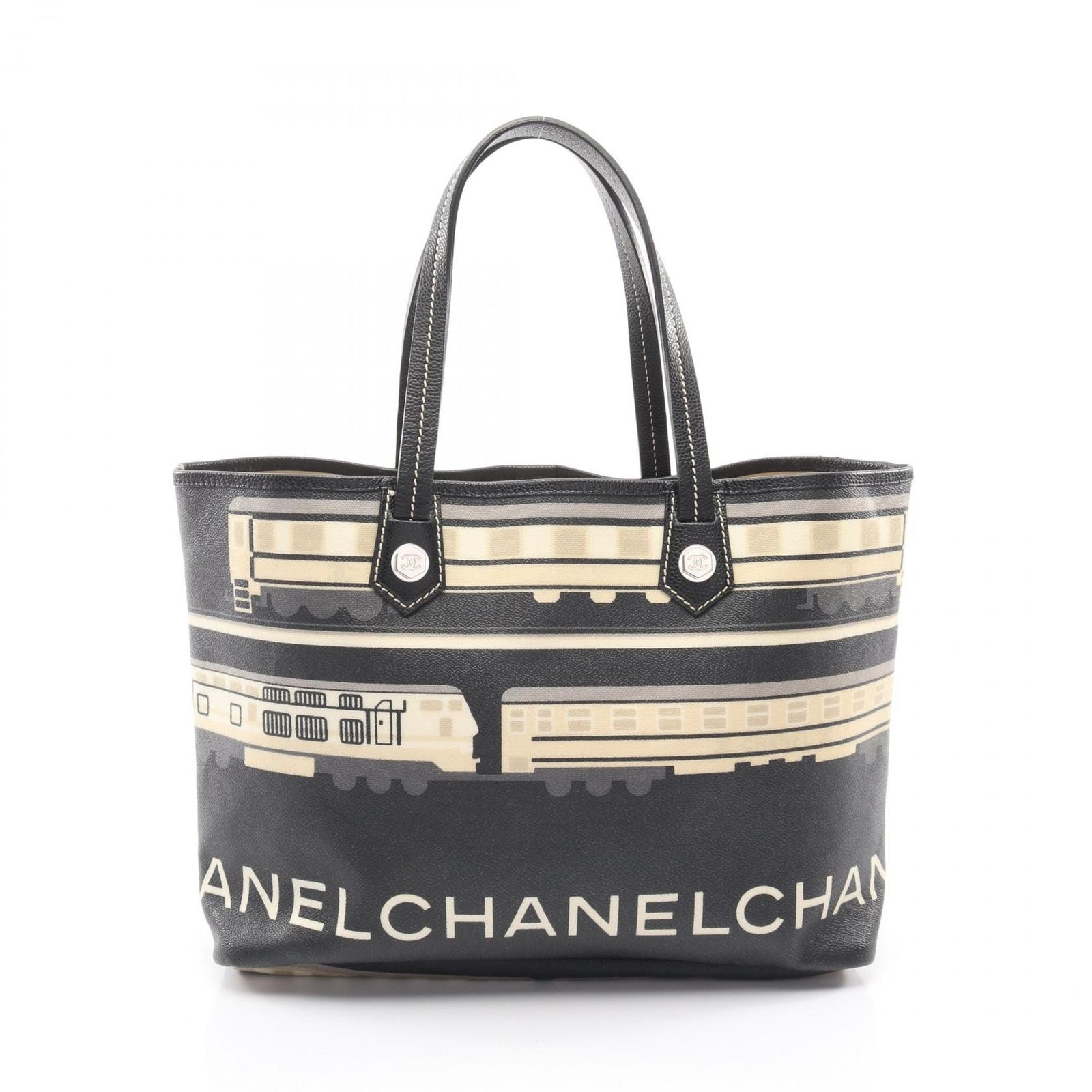 シャネル CHANEL トートバッグ セントラルステーション ブラック/ベージュ PVCコーティングキャンバス レザー セントラルステーション トートバッグ レディース