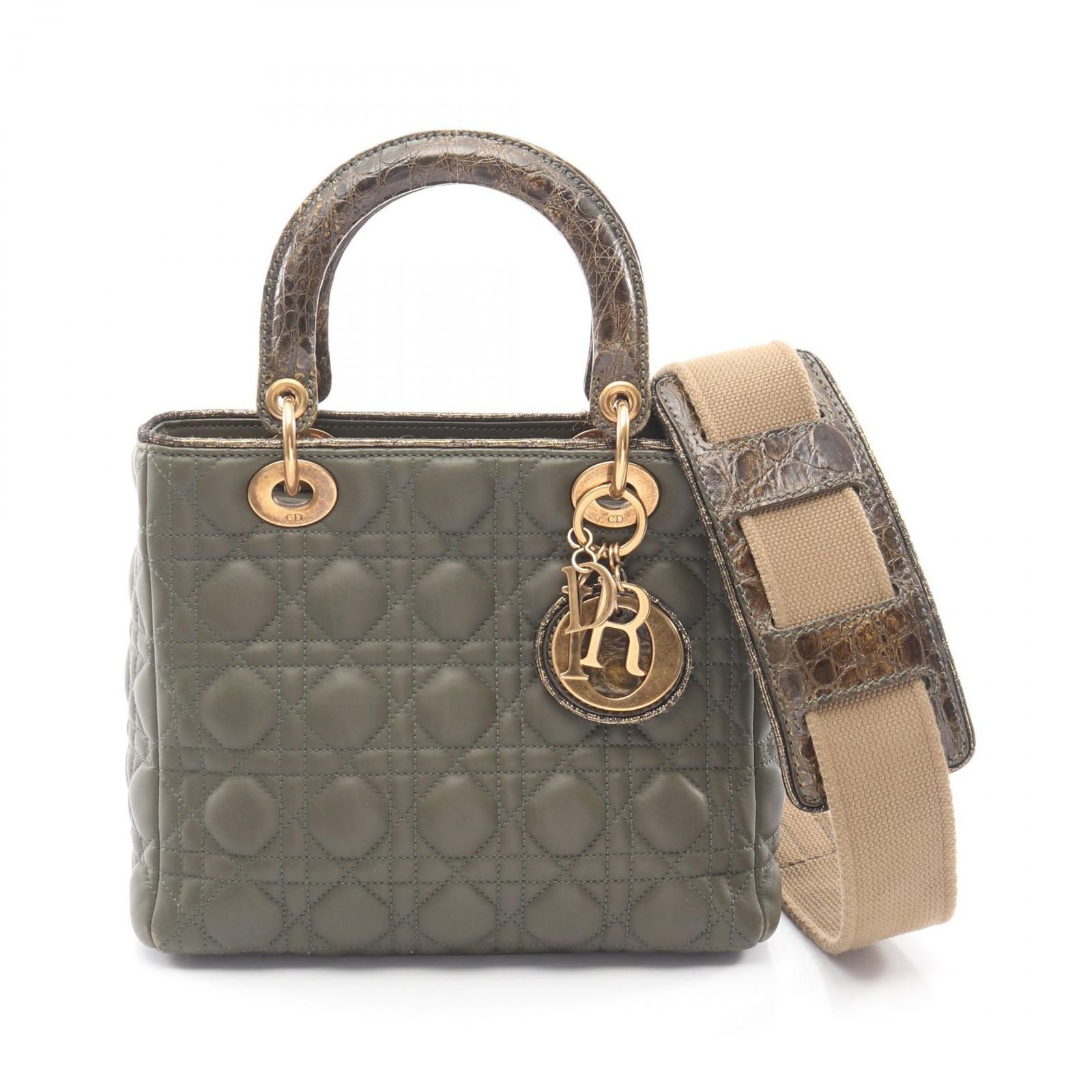 ディオール Dior ハンドバッグ LADY DIOR レディディオール カーキ レザー エキゾチックレザー レディディオール カナージュ 2wayトート レディース Used B