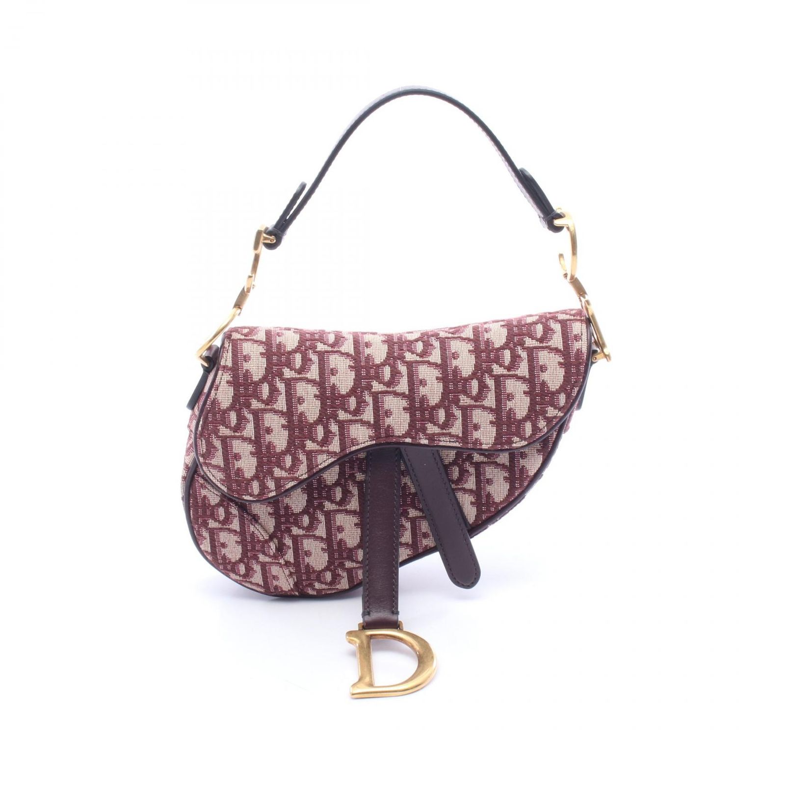 ディオール Dior ハンドバッグ サドルバッグ ミニ オブリークジャカード ボルドー/ベージュ キャンバス レザー オブリーク サドル ハンド レディース Used A