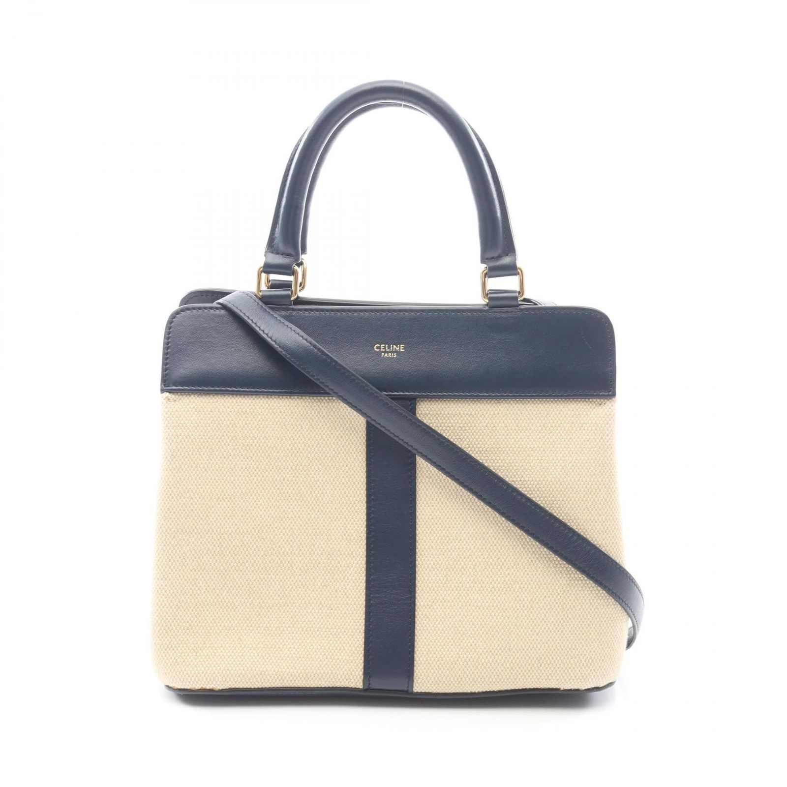 セリーヌ CELINE ハンドバッグ スモール カバ ドゥ フランス 2WAY ベージュ/ネイビー キャンバス レザー 2wayショルダー レディース Used A