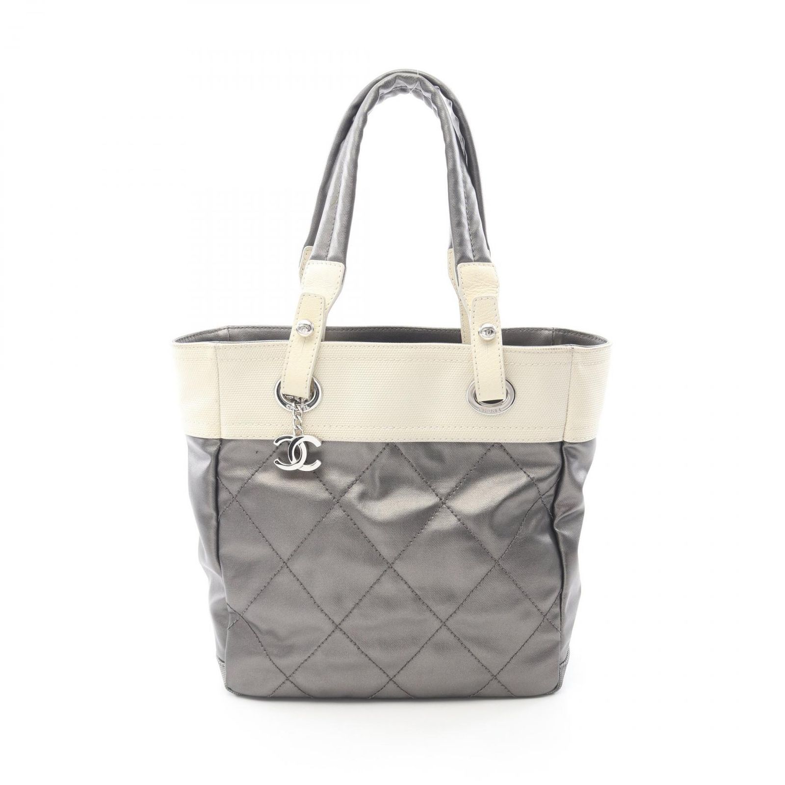 シャネル CHANEL トートバッグ パリビアリッツPM メタリックグレー/ホワイト PVCコーティングキャンバス レザー パリビアリッツPM レディース Used B