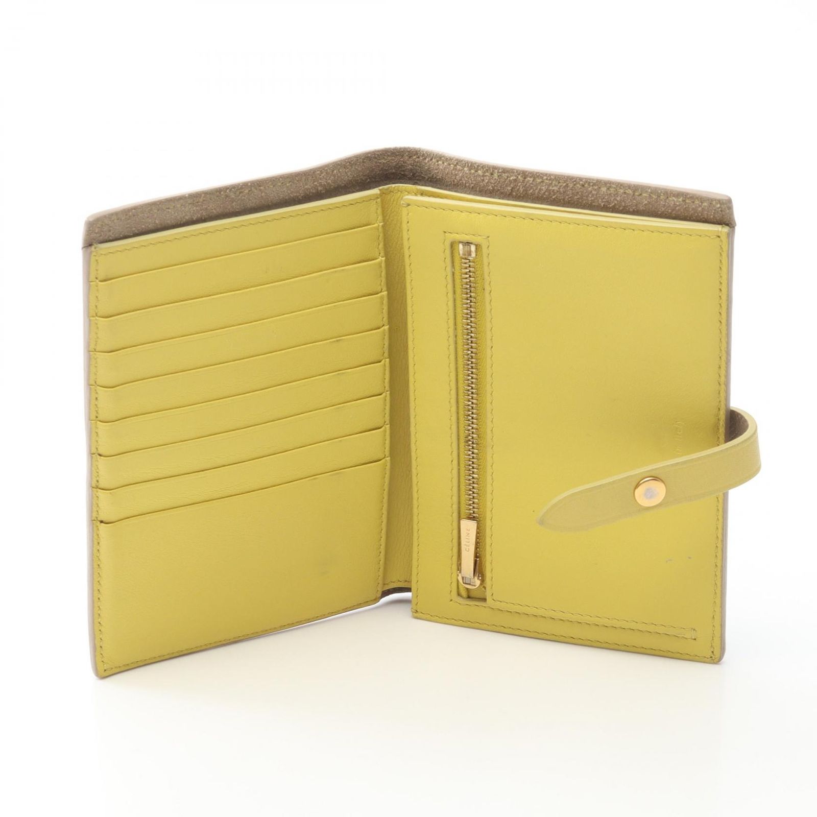 美品 セリーヌ 完売 ストラップ ミディアム財布 ライトトープ×イエロー セリーヌ CELINE 二つ折り財布 ミディアムストラップ マルチ