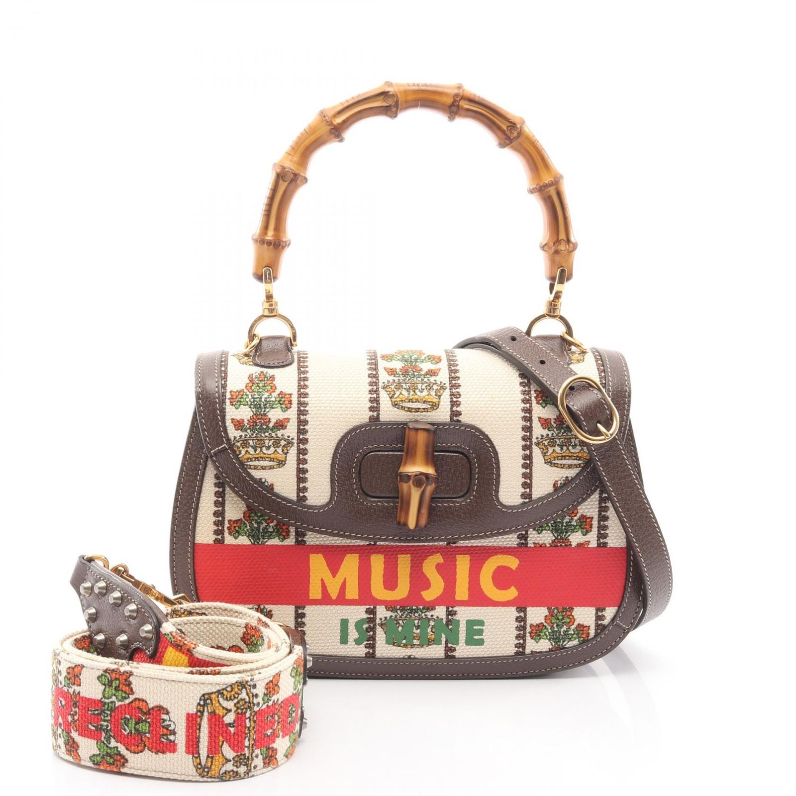 グッチ GUCCI ハンドバッグ MUSIC IS MINE バンブー 2WAY 100周年記念 681173 アイボリー/ダークブラウン キャンバス レザー 100周年記念モデル バンブー 2wayハンド レディース