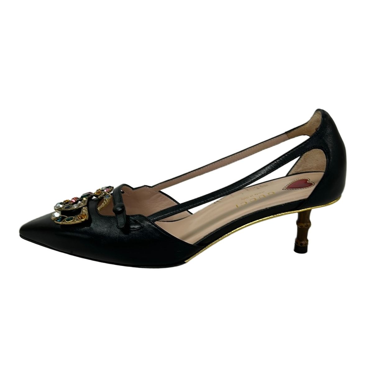 GUCCI(グッチ) パンプス 35 1/2 レディース - 黒×ゴールド×マルチ ラインストーン/ダブルG/バンブー/ハート レザー
