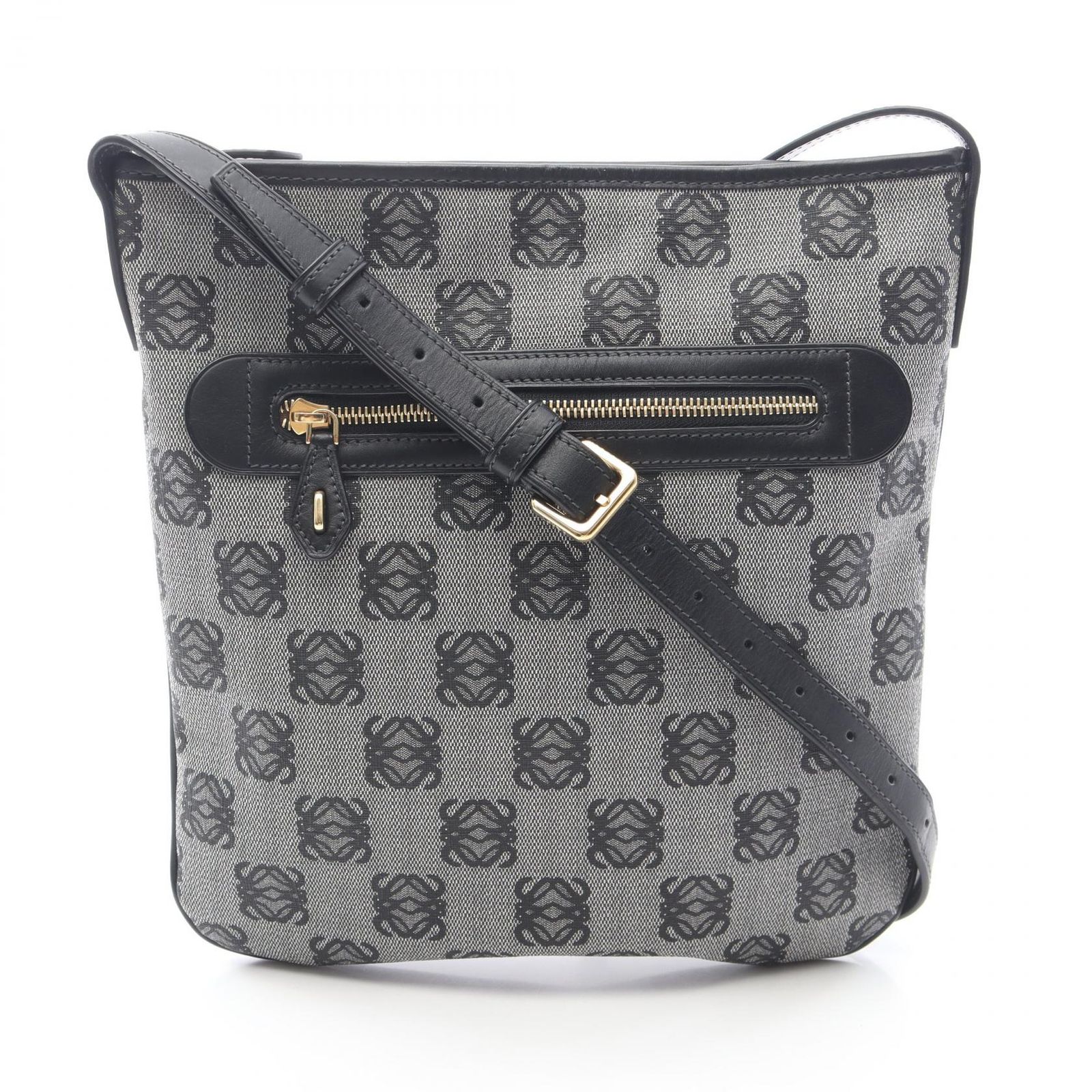 ロエベ LOEWE ショルダーバッグ アナグラム グレー/ブラック PVCコーティングキャンバス レザー アナグラム ショルダーバッグ レディース Used A