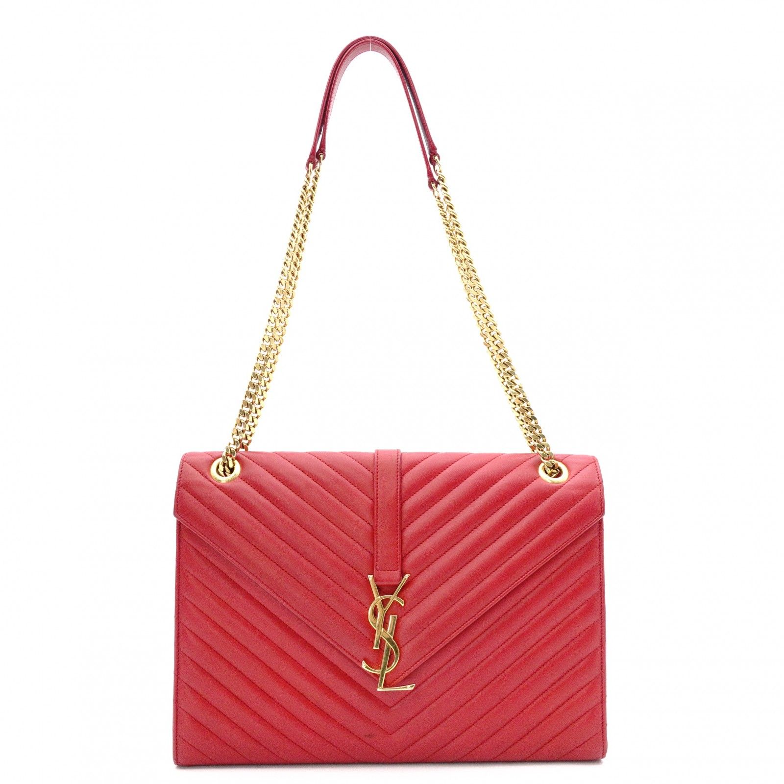 SAINT LAURENT サンローラン エンベロープ シェブロン ショルダーバッグ レザー レッド ゴールド金具