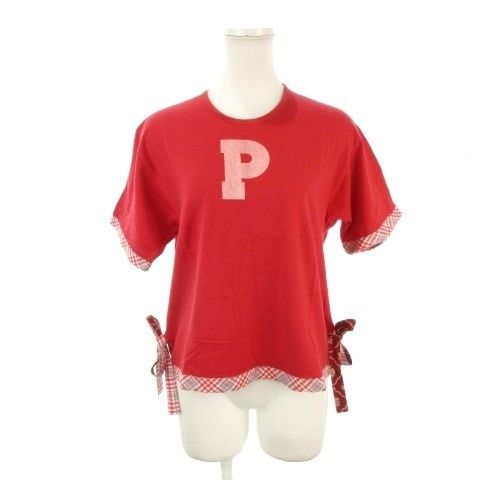 ピンクハウス PINK HOUSE Tシャツ クルーネック 半袖 プリント 花柄 チェック 切り替え リボン コットン 赤 レッド /AH2 ■ECB004