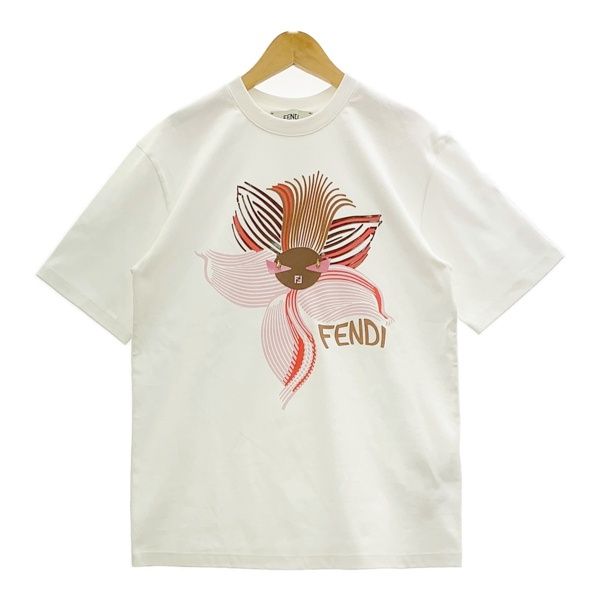 FENDI フェンディ Tシャツ 半袖 カットソー ビジュー付き ロゴプリント グラフィック レディース XXS ホワイト トップス DL18971■