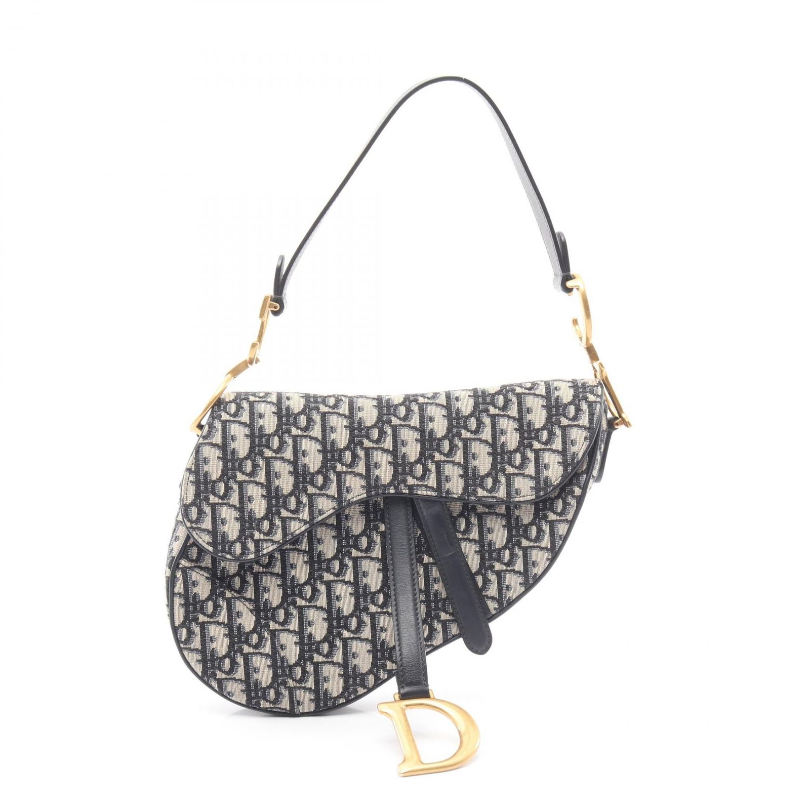 ディオール Dior ハンドバッグ サドルバッグ オブリーク ベージュ/ネイビー キャンバス レザー オブリーク サドルバッグ レディース Used A