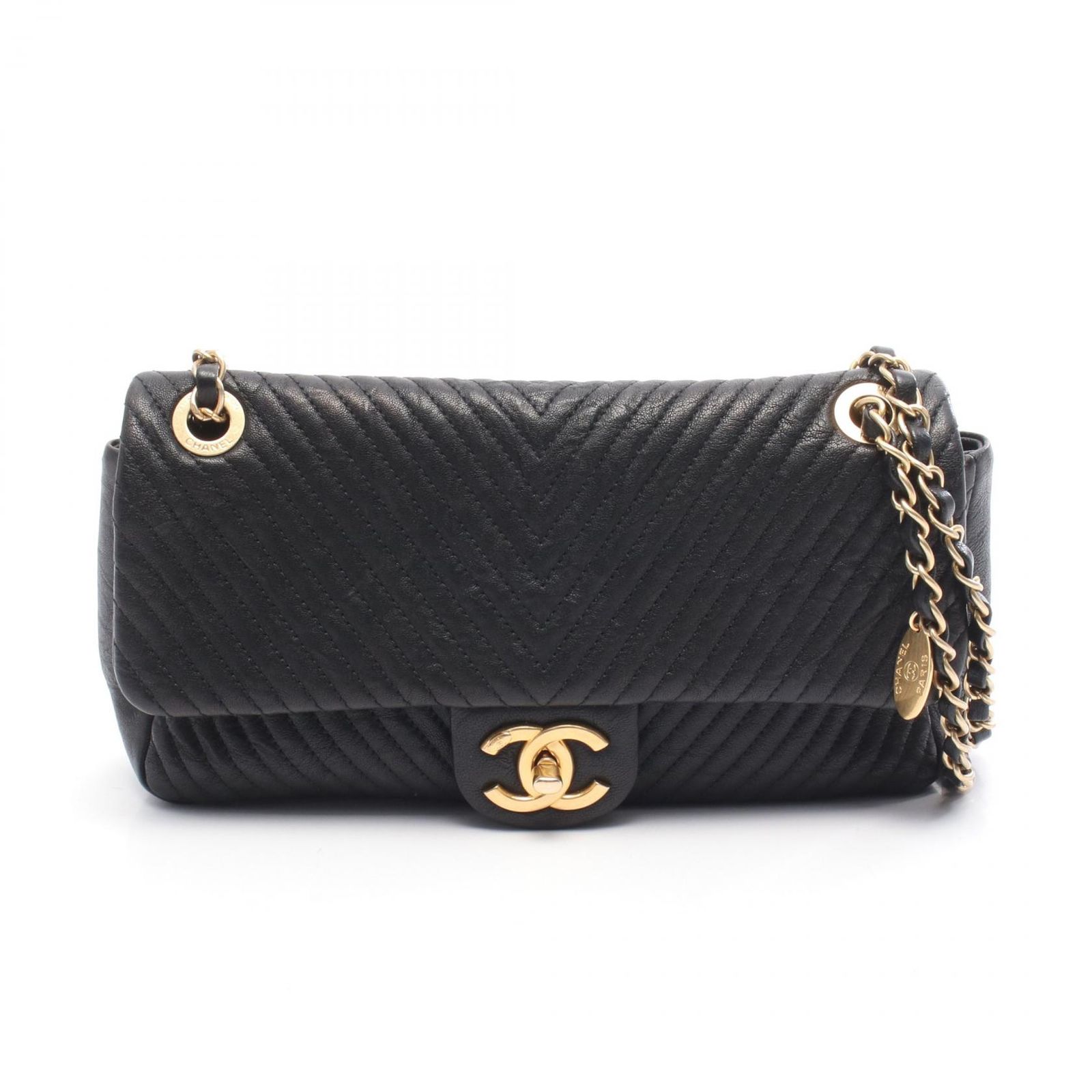 シャネル CHANEL ショルダーバッグ シェブロン Vステッチ A92088 ブラック レザー シェブロン Vステッチ チェーンショルダー レディース Used B