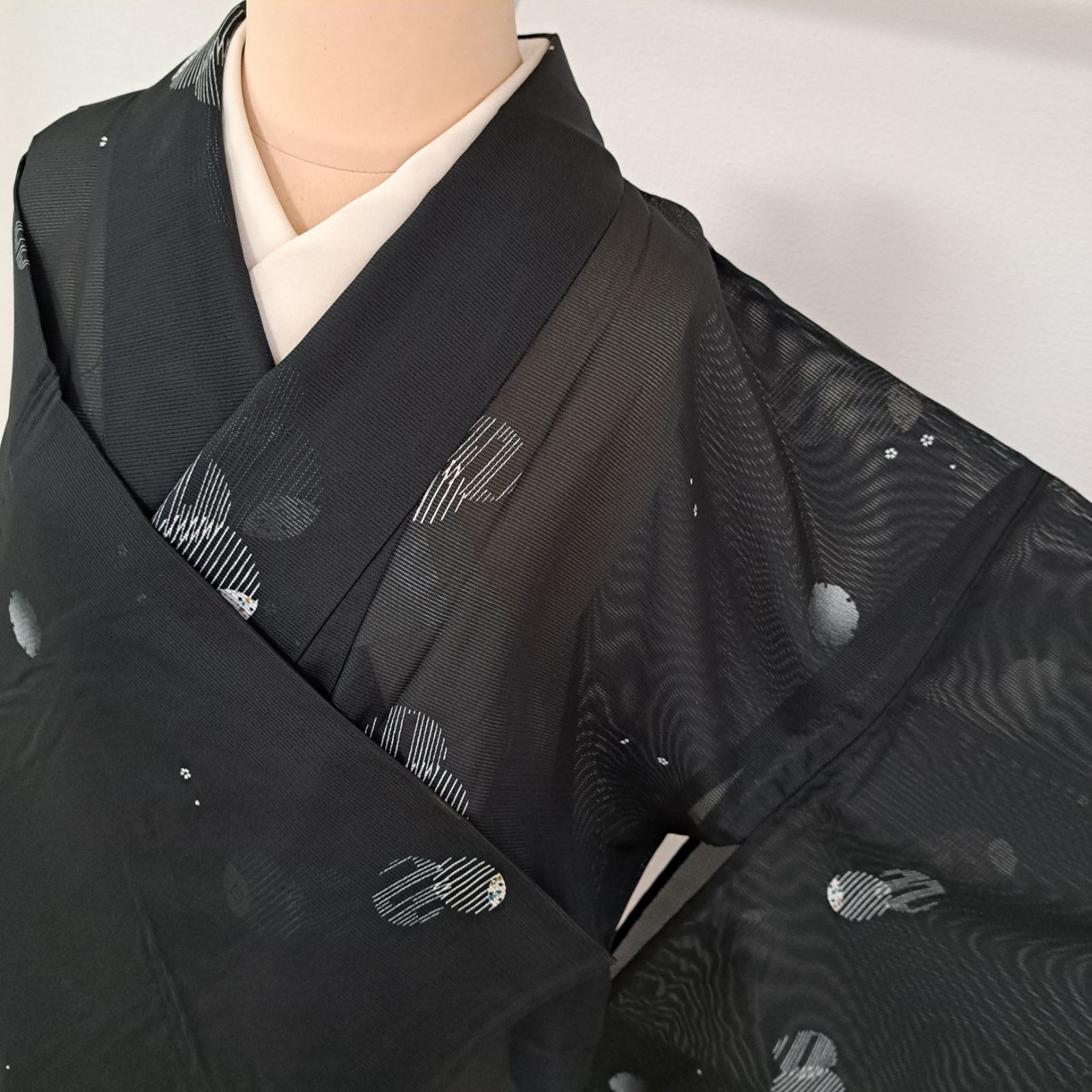 【激安】在庫処分！早いもの勝ち！夏物正絹の絽小紋着尺　8 洗える夏着物・絽・小紋】裄67 身丈161.5 袖48.5 化繊 夏物 盛夏 黒地