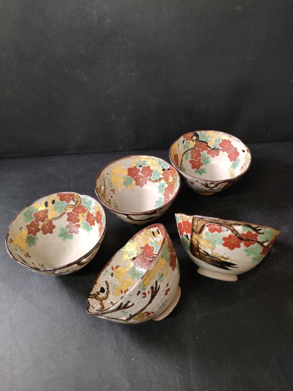 F18-09/京焼/尾形乾山写/雲錦手/色絵桜楓文透し向付 5客/骨董/仁阿弥道八好み/清水焼/小鉢/小皿/向付/銘々皿/懐石料理/懐石道具