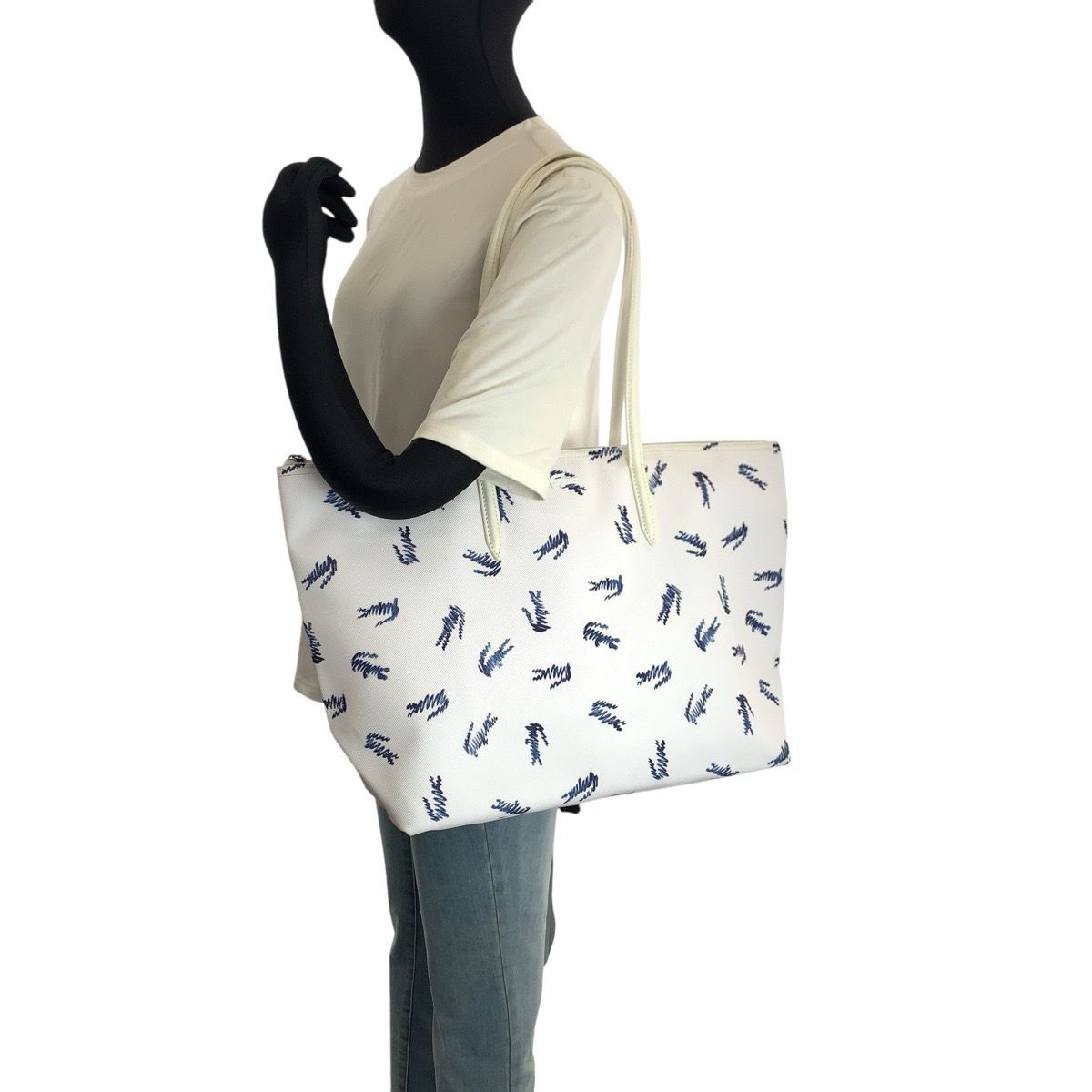 美品 LACOSTE ラコステ ホワイト ブルー PVC トートバッグ ショルダー 