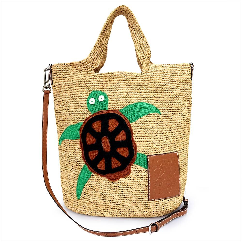 ロエベ パウラズイビザ コラボ タートル スリット ラフィア レザー ベージュ 2way ショルダー トートバッグ シルバー金具 LOEWE（美品）