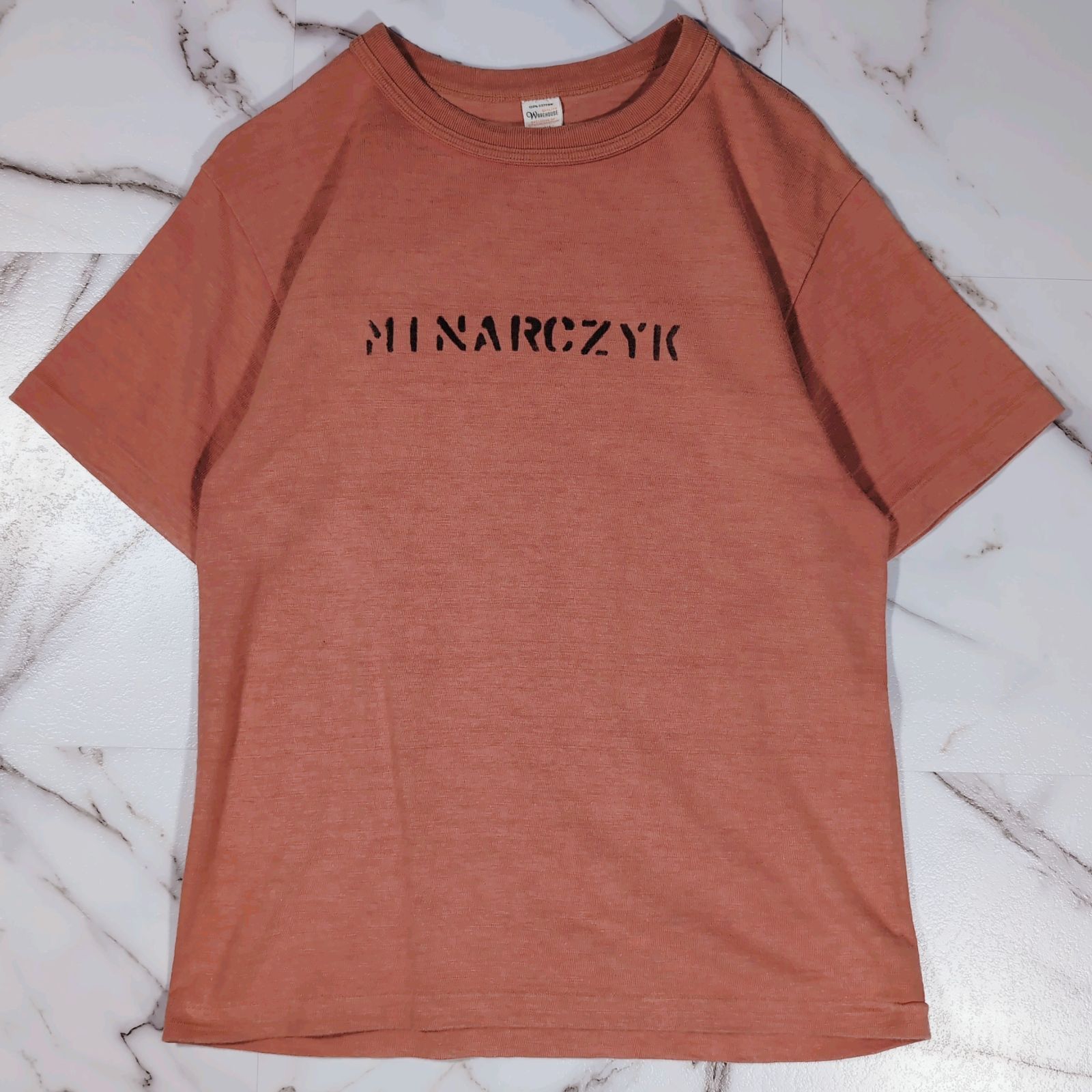 19SS WAREHOUSE MINARCZYK 4601 S/S TEE ステンシルプリント 12番ムラ糸 天竺ボディ バインダーネック サーモン S シングルステッチ