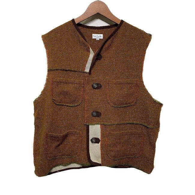 【中古】　Paul Smith　ベスト　レイヤード　Vネック　フルボタン　混色　無地　切りっぱなし　フロントポケット　日本製　古着　/1585