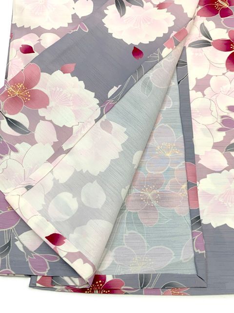 桜シリーズ♪ 美品 洗える小紋【グレー系に桜柄 】上品な桜着物★お花見などに♪ 着物 洗える パープル 花 椿 桜 花菱 小紋 裄68 しつけ付き 美品