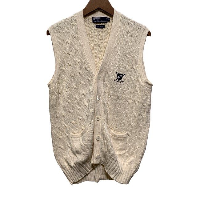 【中古】　POLO by RALPH LAUREN　ベスト　90s vintage　90年代　レイヤード　Vネック　フルボタン　ケーブル編み　アランニット　ワンポイント　ブランドロゴ　刺しゅう　古着　/1271