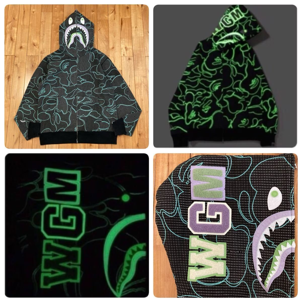 ☆蓄光☆ XL TEXT CODE CAMO SHARK FULL ZIP HOODIE a bathing ape