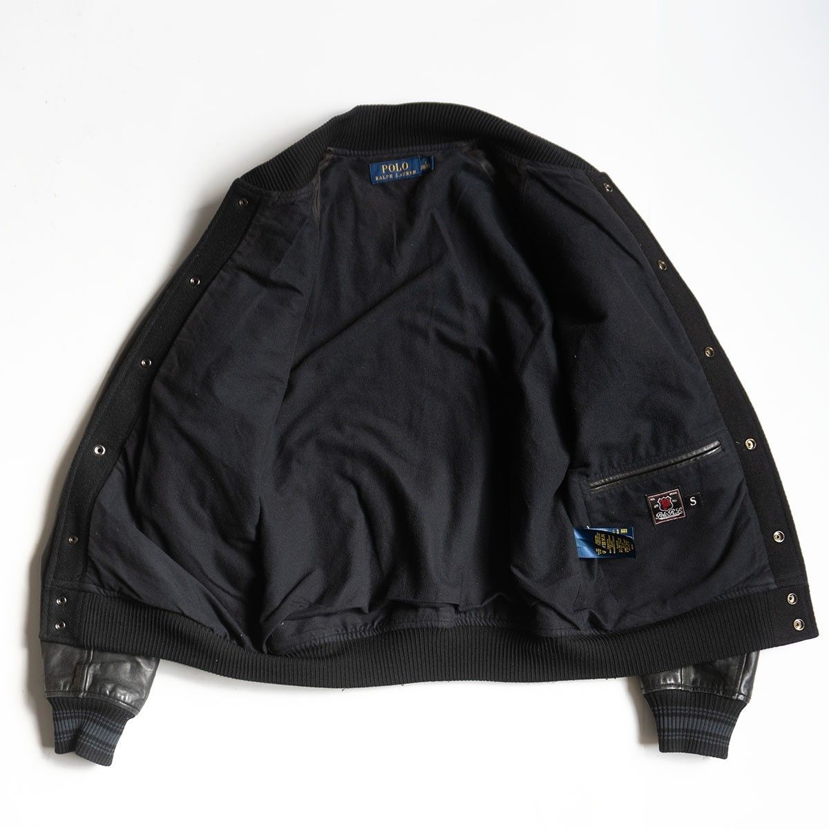 極上 メンズＭ 定価9.7万 ポロラルフローレン レザースリーブド スタジャン 名作】POLO RALPH LAUREN 【レザー スリーブ スタジャン】S ワッペン