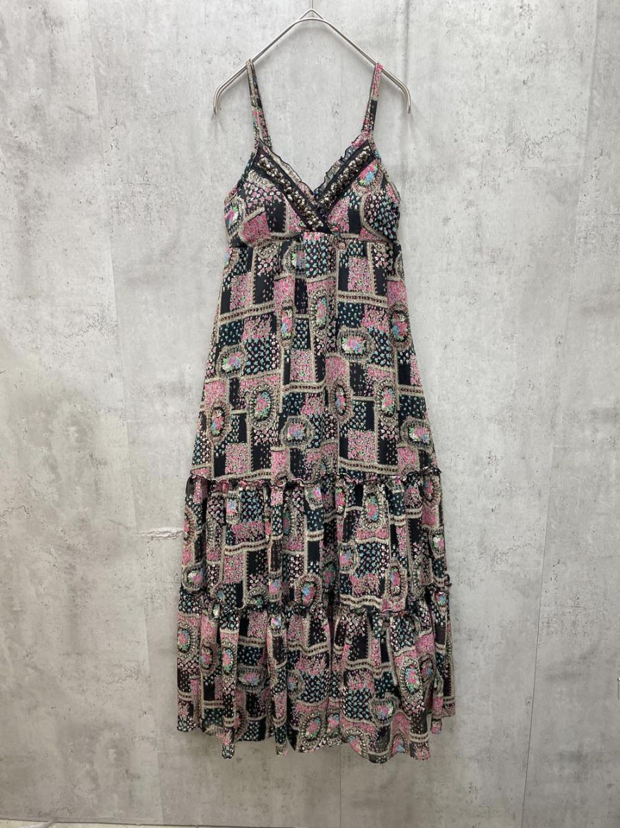 新品 one way ワンウェイ 花柄 ビジュー カップ付き ティアード フレア キャミソール ワンピース sizeM/黒ｘピンク ■◆ レディース