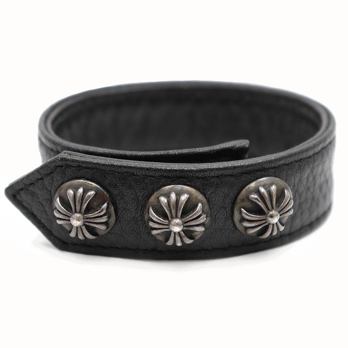 【美品】CHROME HEARTS クロムハーツ レザー ブレスレット メンズ レディース ユニセックス クロスボール 3ボタン 2スナップ 3BTN 2SNP アクセサリー ジュエリー ブラック 黒 シルバー