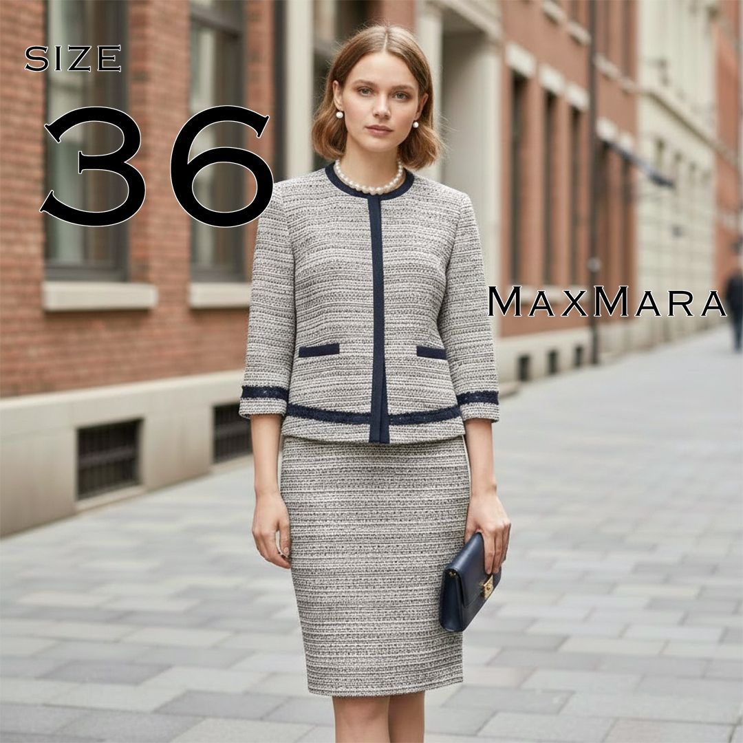 【極美品】Max Mara Studioマックスマーラ ステュディオ ツイード ノーカラージャケット&スカート セットアップ スーツ 36(S) 紺ネイビー×白ホワイト 【古着】【中古】【送料無料】