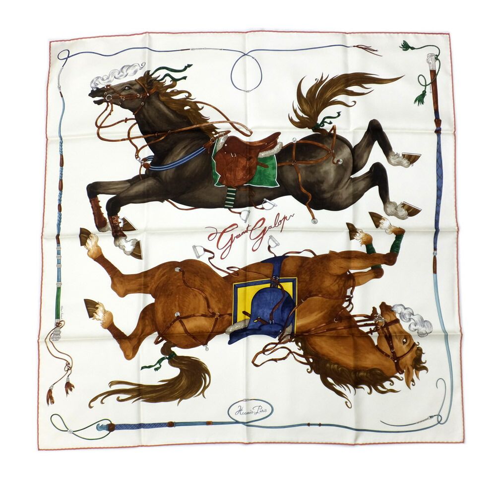 【天白】エルメス カレ90 Grand Galop グランギャロップ 2026春夏 ホワイト系×ブラウン系 スカーフ レディース 服飾小物未使用