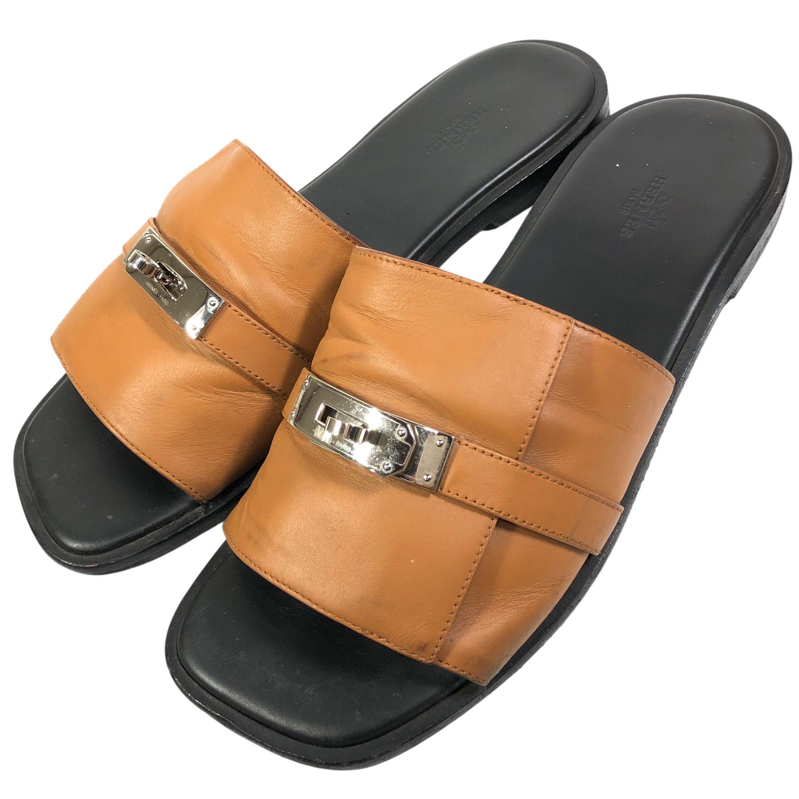 【エルメス】本物 HERMES ガブリエル ケリー金具 サンダル スリッパ カジュアルシューズ 黒×茶 本革 レザー 男性用 メンズ イタリア製 43