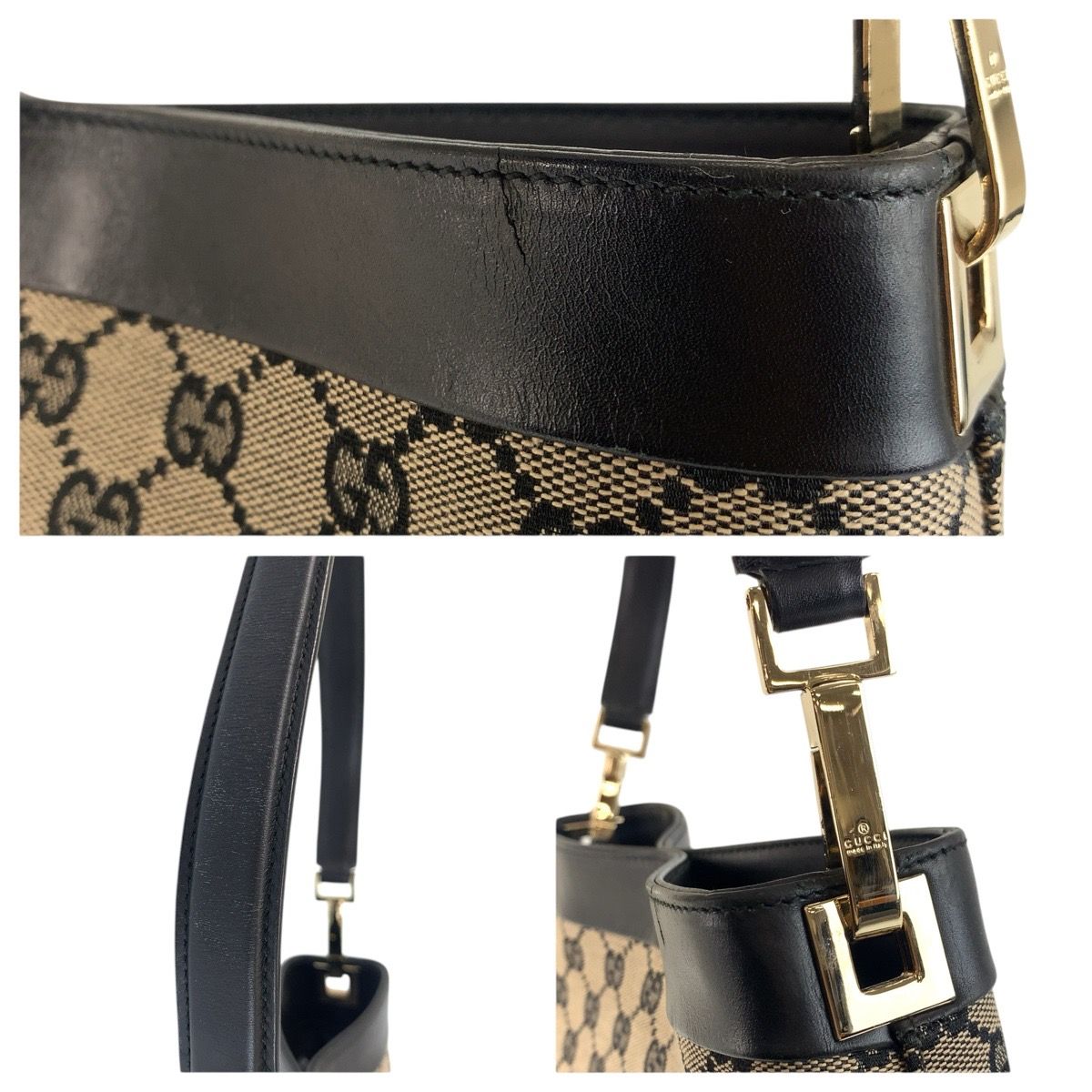 美品 GUCCI グッチ ブラック 黒 ゴールド金具 GGキャンバス/レザー 001 