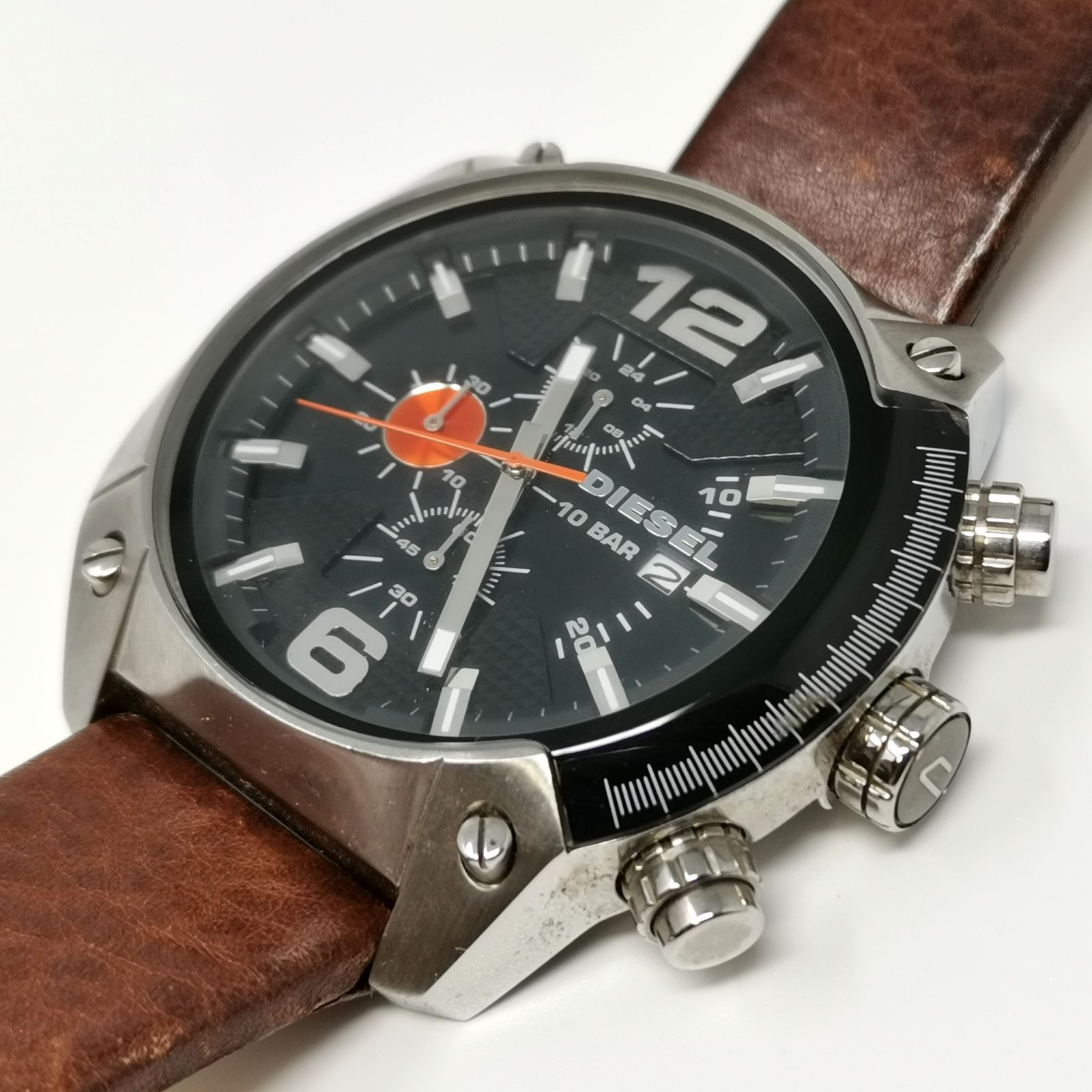 DIESEL 腕時計 アナログ ブラック ブラウン デイト 10BAR レザーベルト 
