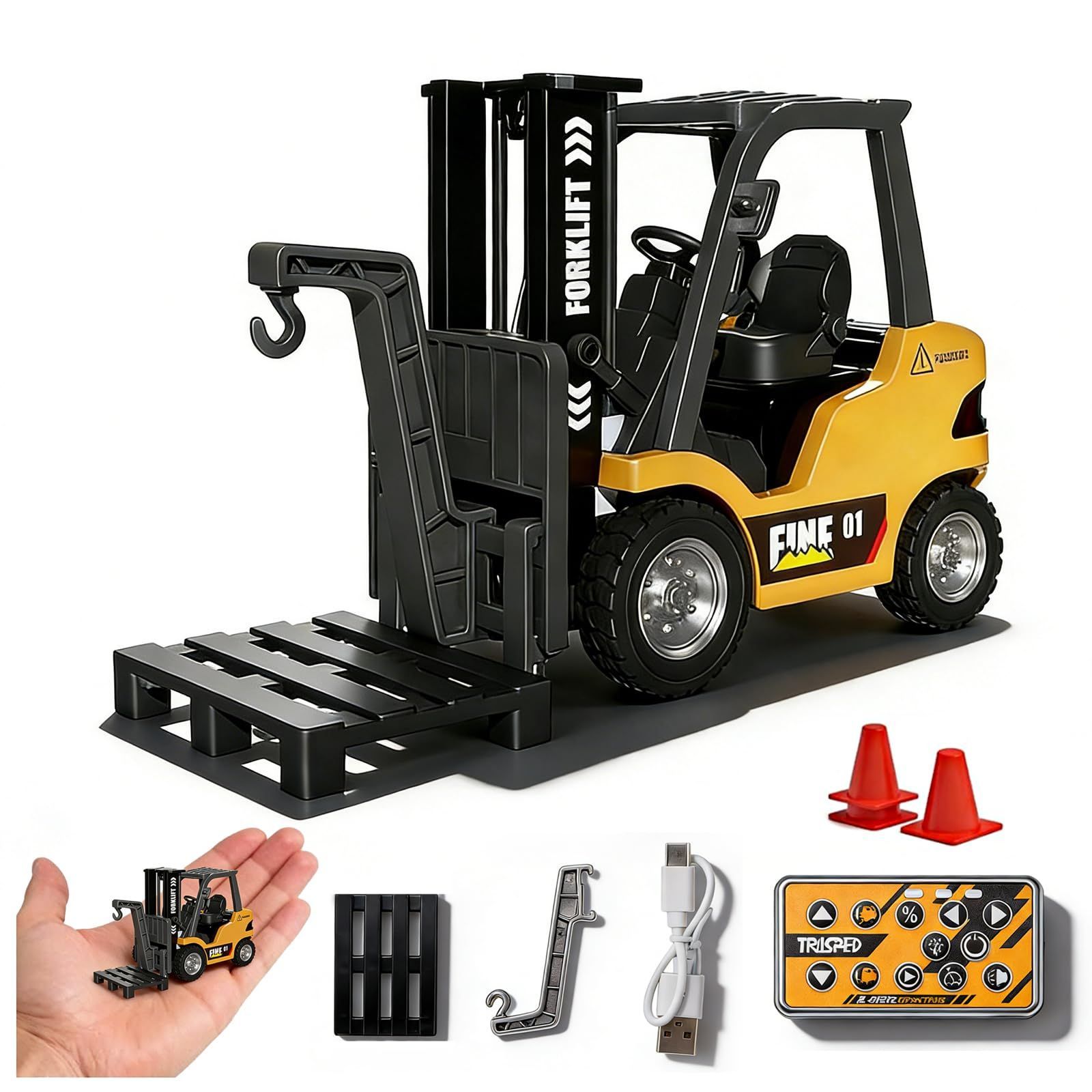 【在庫セール】パレット付き デスクトップ建設車両模型 昇降可能 (4*12*7cm) フルプロポーショナルミニRCトランスポート車両 屋内屋外おもちゃギフト 10KM/h 大人 充電式 向け 2.4G RCフォークリフト 玩具ギフト ミニ 誕生日 1/64スケ