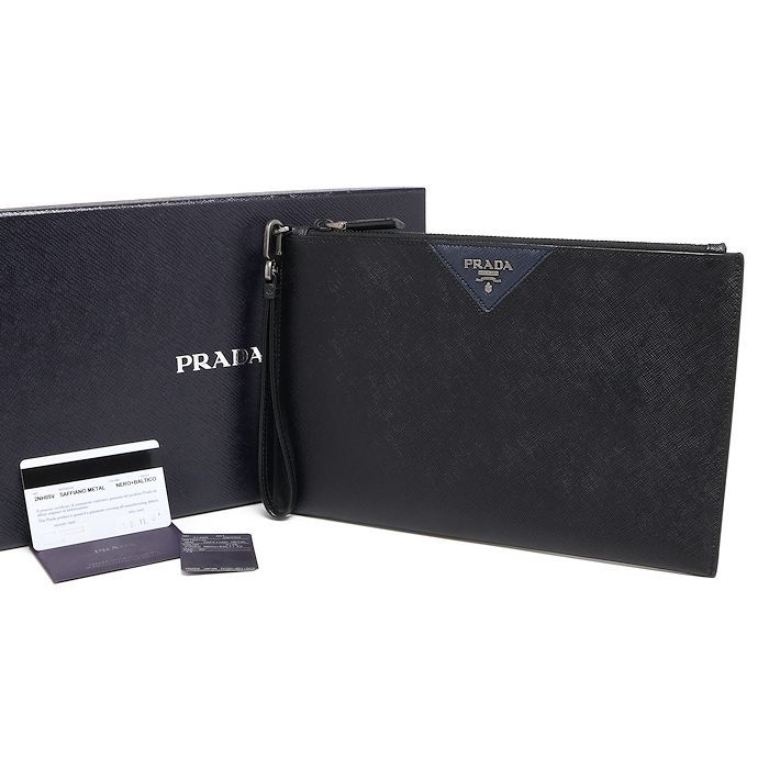 美品 プラダ サフィアーノメタル 2NH05V クラッチバッグ レザー NERO+BALTICO セカンドバッグ 直営店購入品 PRADA