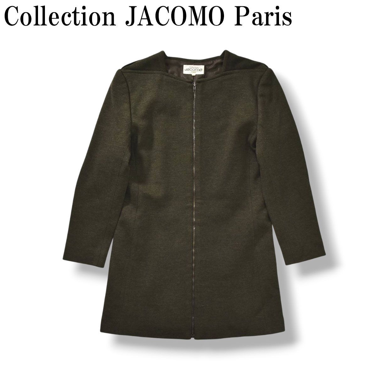 80s90sヴィンテージ フランス製 ジャコモ Collection JACOMO Paris ウール ノーカラー ジップアップ ジャケット ライトコート アウター 38 カーキ レディース ♪