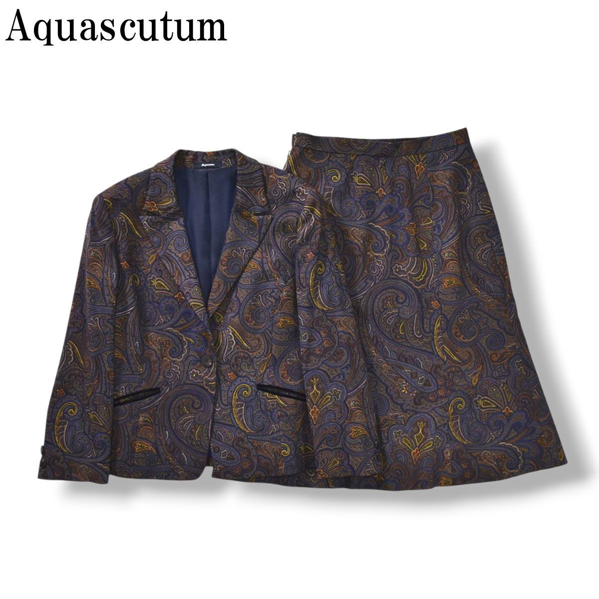 【美品】 【上質】 アクアスキュータム Aquascutum ペイズリー柄 シングル 1B スカート スーツ セットアップ 上下 テーラードジャケット 通年 4F ネイビー レディース ♪