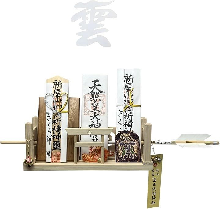 さくら禅 神棚 壁掛け モダン 彩雲 水晶 鳥居 国産 ひのき 檜 製 装飾 お札立て 棚板 (神明・鳥の子紙の雲・白色, 横33cmx奥行10.7x高さ12.5cm（)