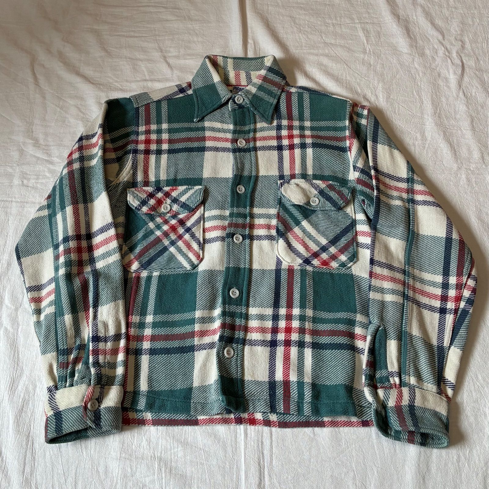40s 50s Pilgrim 長袖シャツ ネルシャツ マチ付き チェック グリーン
