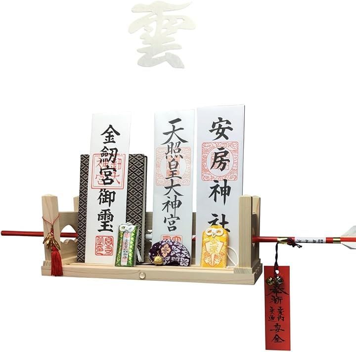 さくら禅 神棚 壁掛け モダン 彩雲 水晶 鳥居 国産 ひのき 檜 製 装飾 お札立て 棚板 (3. 手漉き和紙 雲セット, 横33cmx奥行10.7x高さ12.5cm)