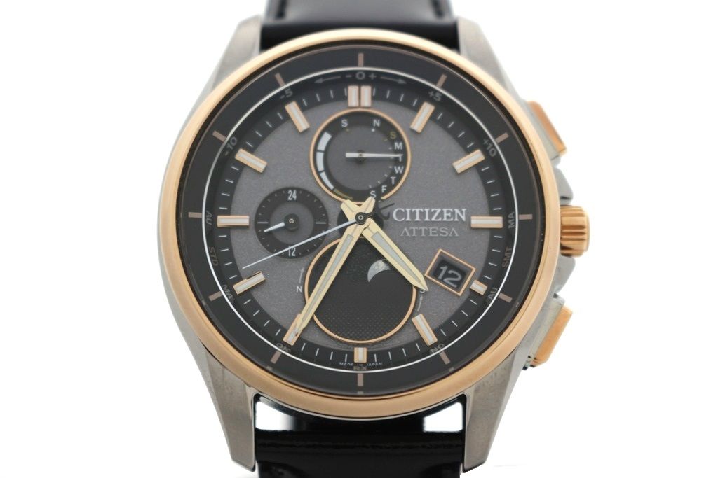 CITIZEN シチズン アテッサ H874-005HK04 ステンレススチール/GP/レザー ブラック メンズ 電波ソーラー 2148104058812 【200】【中古】