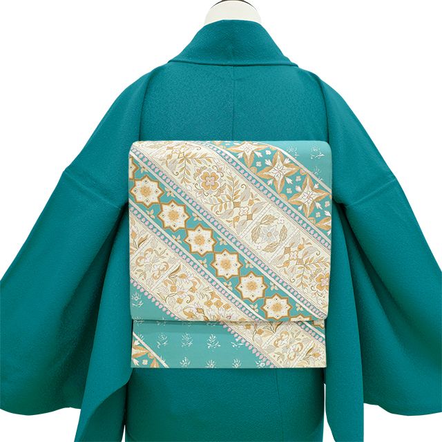 断*中様 袋帯　正絹　美品 中古】 袋帯 西陣 となみ織物 となみ帯 正絹 金銀箔糸 ターコイズ