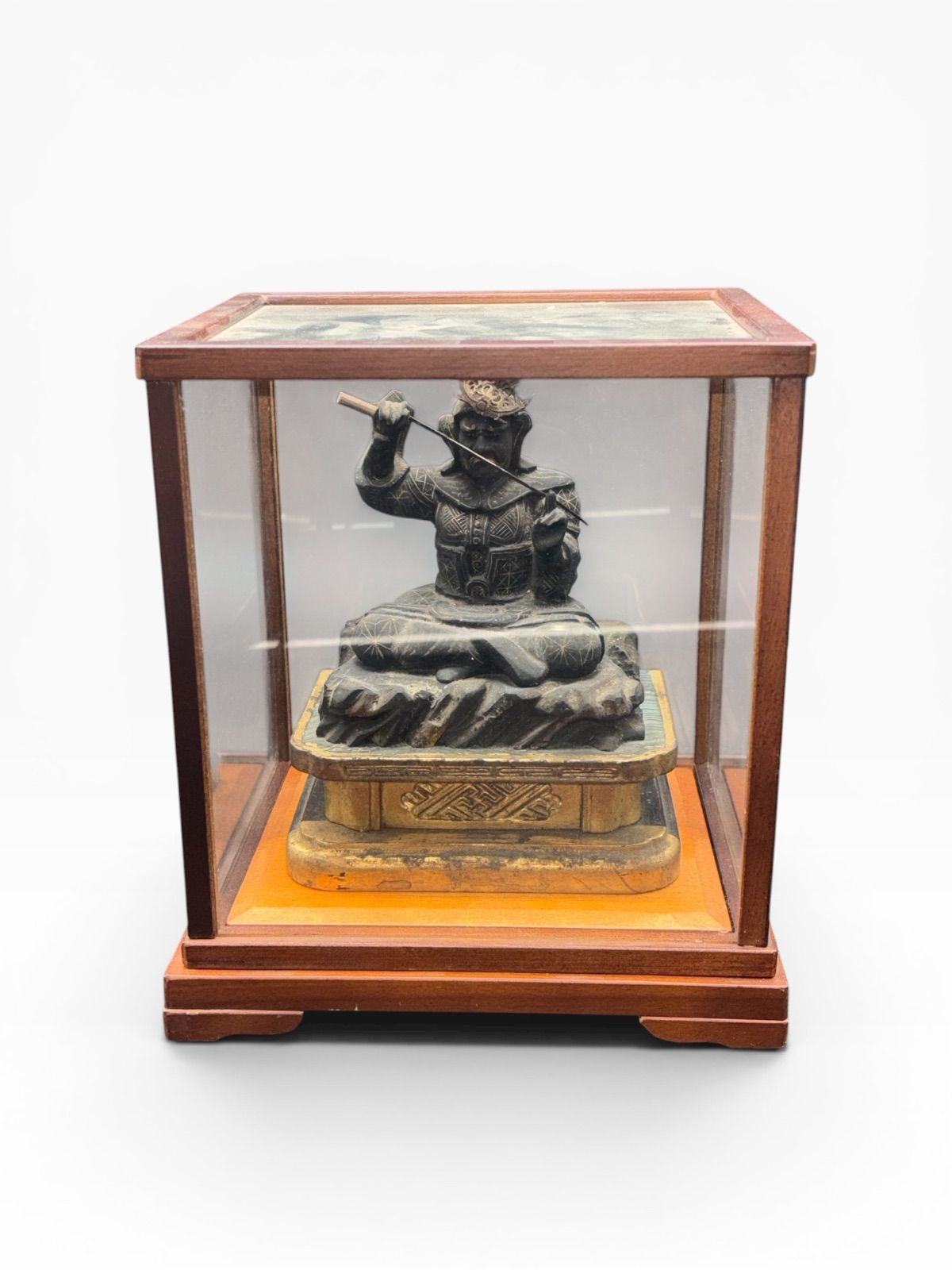 有名オークション購入 江戸時代 観音菩薩 木彫り 仏像コレクター ガラスケース付き 時代物 置物 名刀