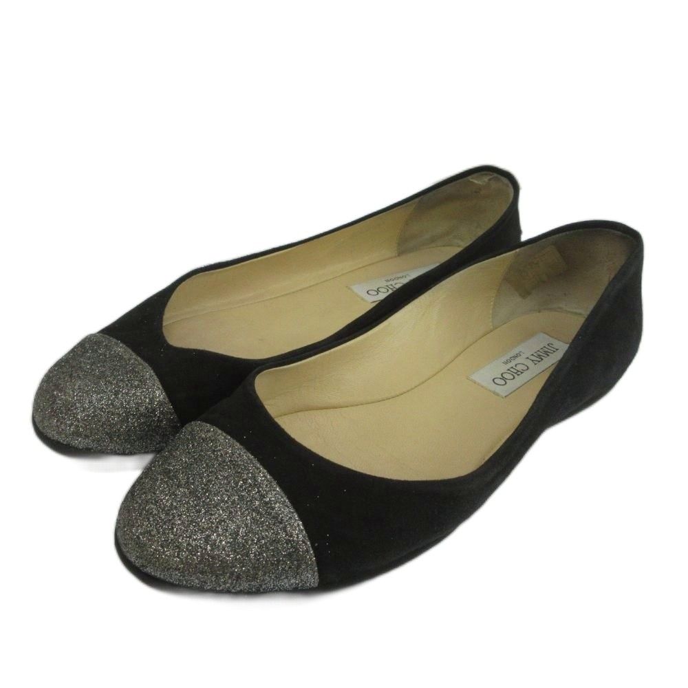 ジミーチュウ JIMMY CHOO フラットシューズ パンプス スエード ラメ キャップトゥ ロゴプレート 36 23㎝ 黒 ブラック シルバー色 /XZ ■GY19