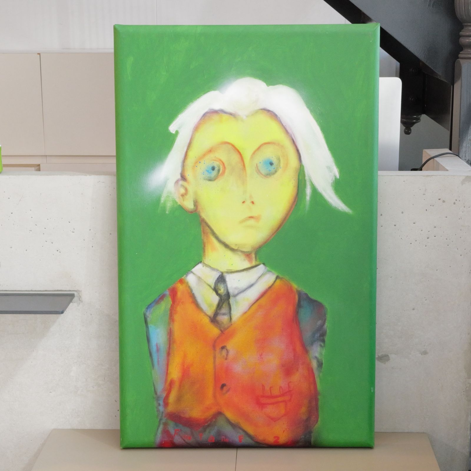 イギリス 現地仕入れ モダンアート キャンバス絵画 少年ポートレート グリーン背景 現代アート インテリアアート