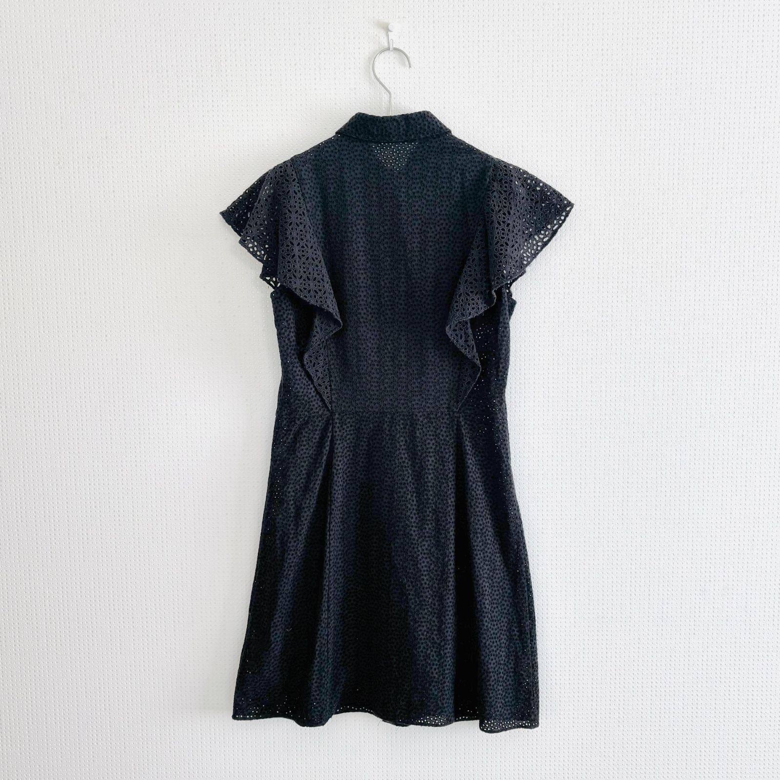Theory セオリー コットンアイレット ラッフルシャツドレス ブラウス　ロングシャツ　サイズ2 ブラック 黒 綿100%　レース フリル カットワーク　Aライン フレア シャツワンピース チュニック 春夏 透け感 レディース 美品 古着 [D366]