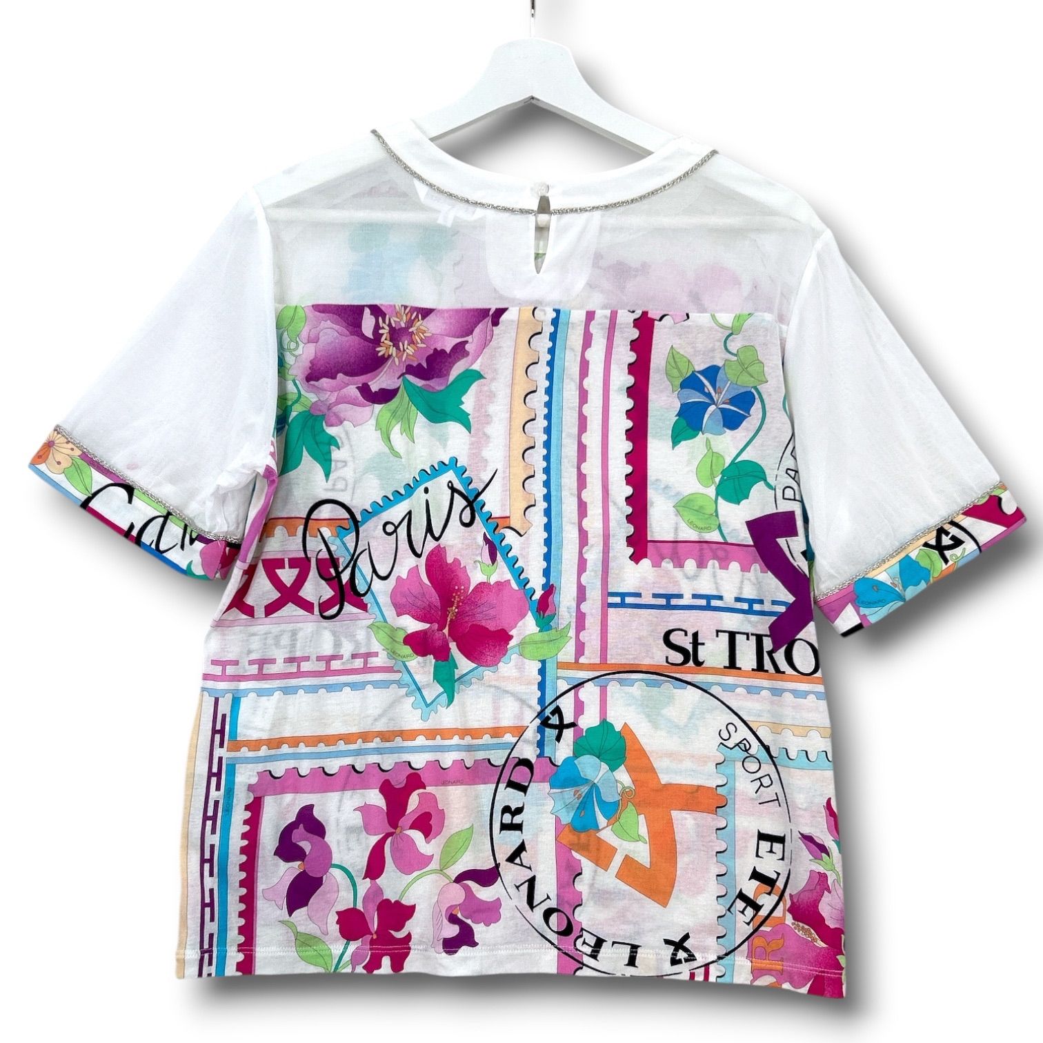 LEINARD レオナール 花柄 郵便切手風 プリントカットソー Tシャツ 半袖
